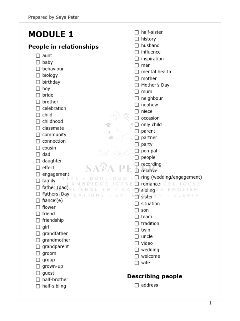 Vocabulary for Relationships and Home | PDF | Sibling | Salad