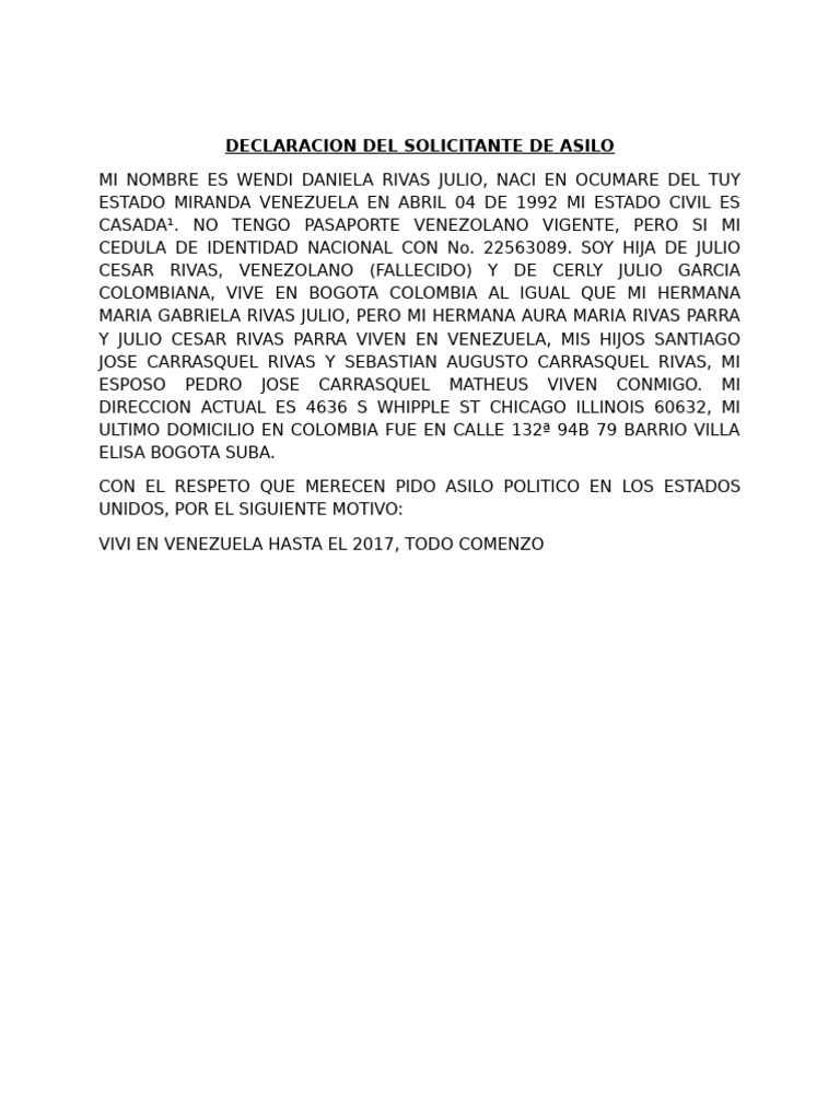 Declaracion Del Solicitante de Asilo | PDF