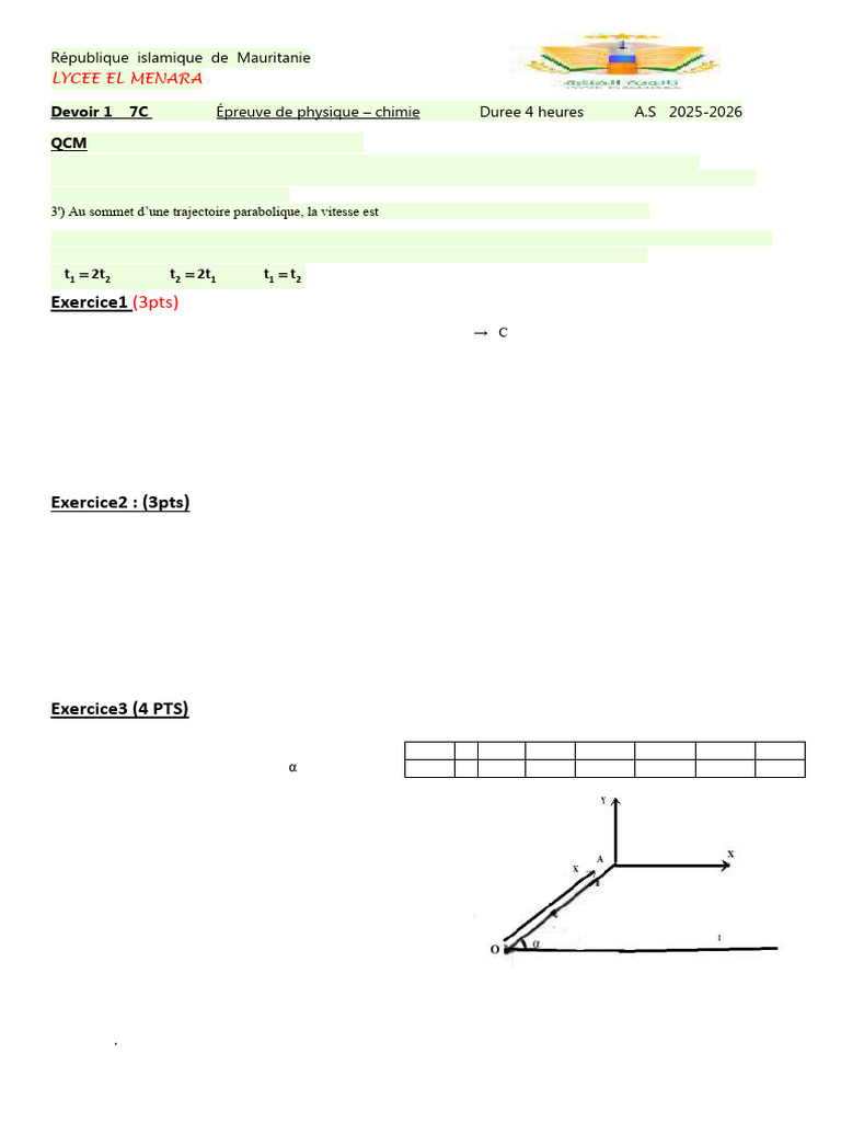 Épreuve de Physique-Chimie 7C 2025-2026 | PDF | Accélération | Vitesse