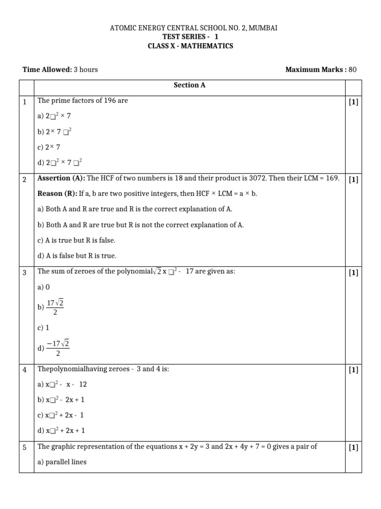 Class X Mathematics Test Series 1 | PDF | Circle | Trigonometric Functions