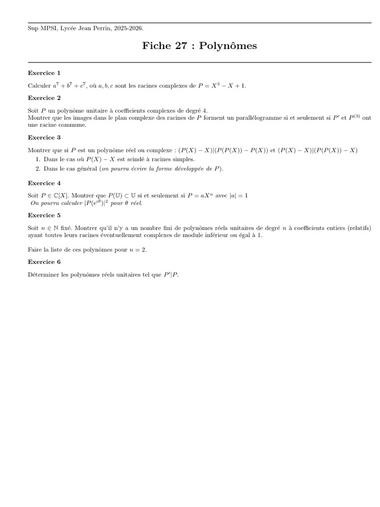 Exercices sur les Polynômes Complexes | PDF