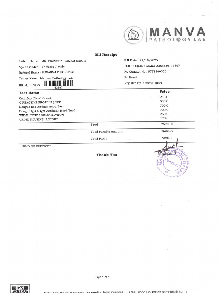 Pathology Lab Bill Receipt for Praveen Kumar | PDF | Immune System | Blood