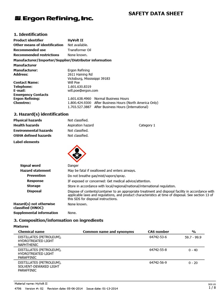 HyVolt II Transformer Oil Safety Data Sheet | PDF | Dangerous Goods ...