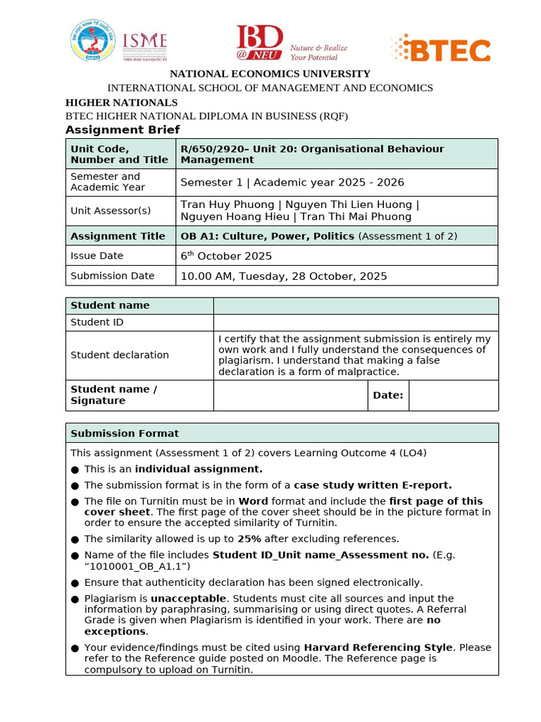 OBM - Assignment Brief A1 | PDF | Behavior | Organizational Culture