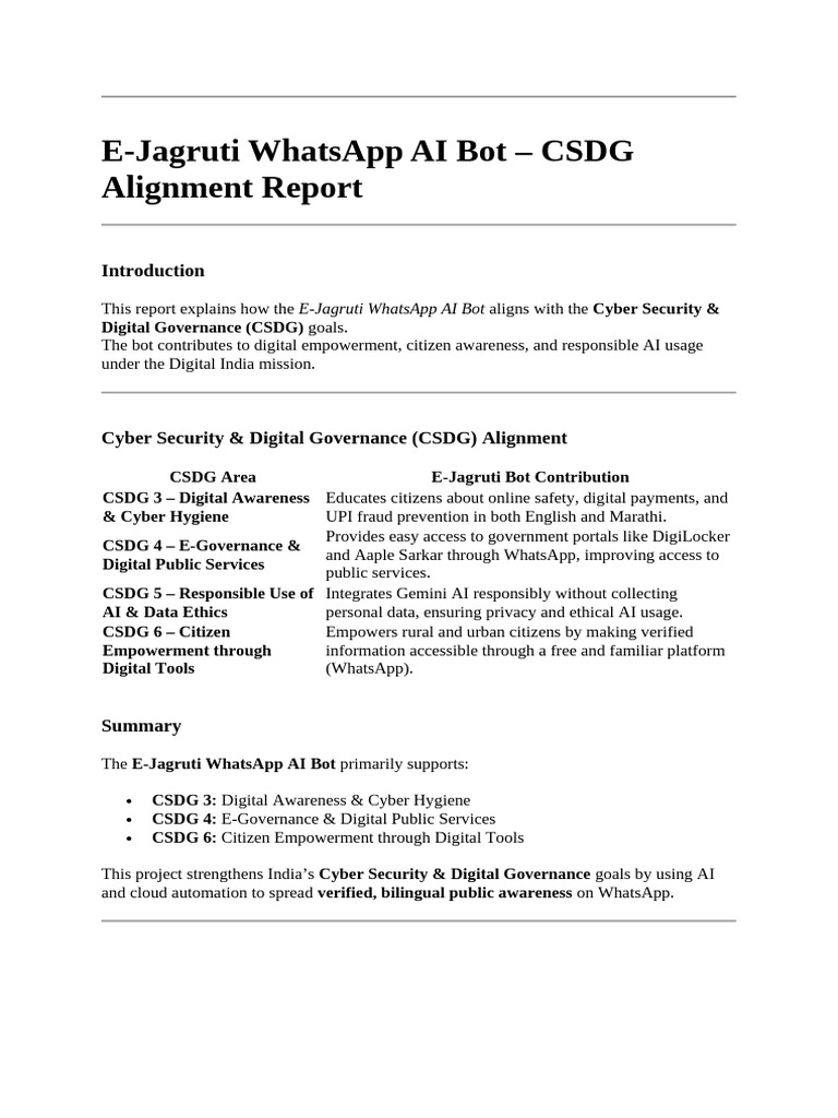 E-Jagruti Whatsapp Ai Bot - CSDG Alignment Report | PDF