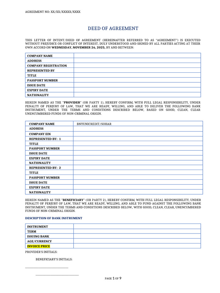 DEED of Agreement Template | PDF | Letter Of Credit | Banks