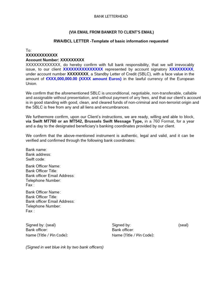 RWA-BCL-MT542 or 760 Block Template SBLC | PDF