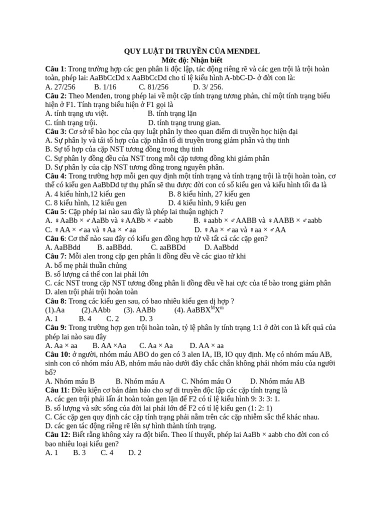 Trắc Nghiệm Quy Luật Di Truyền Của Mendel | PDF