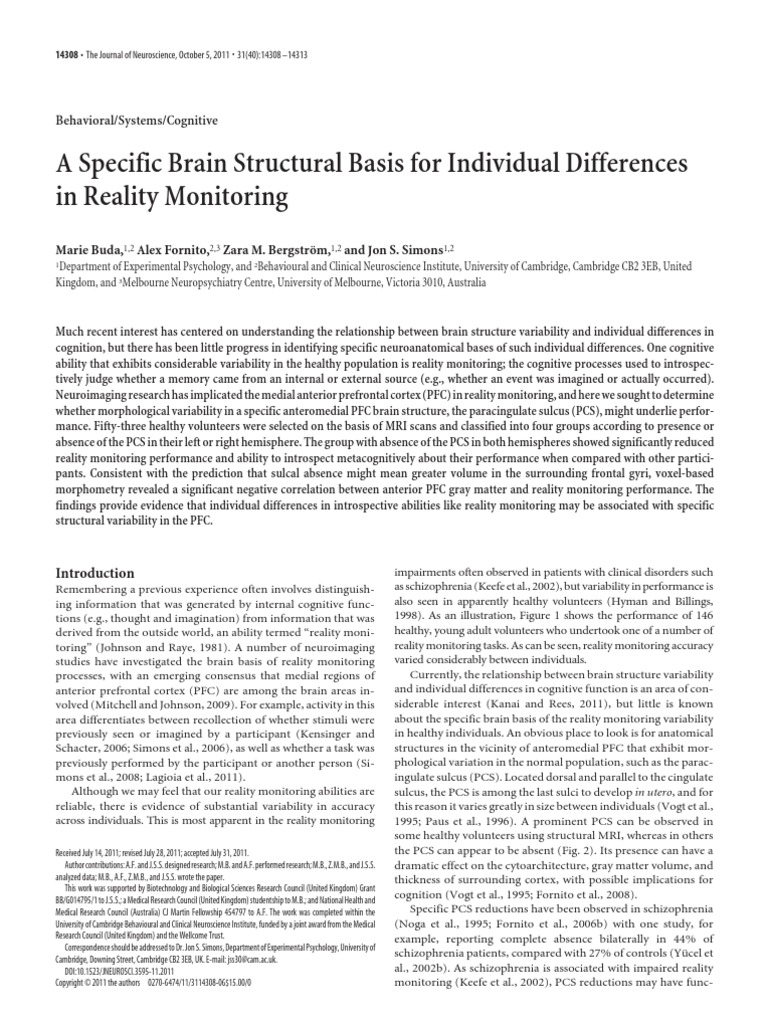 A Specific Brain Structural Basis For Individual Differences in Reality ...