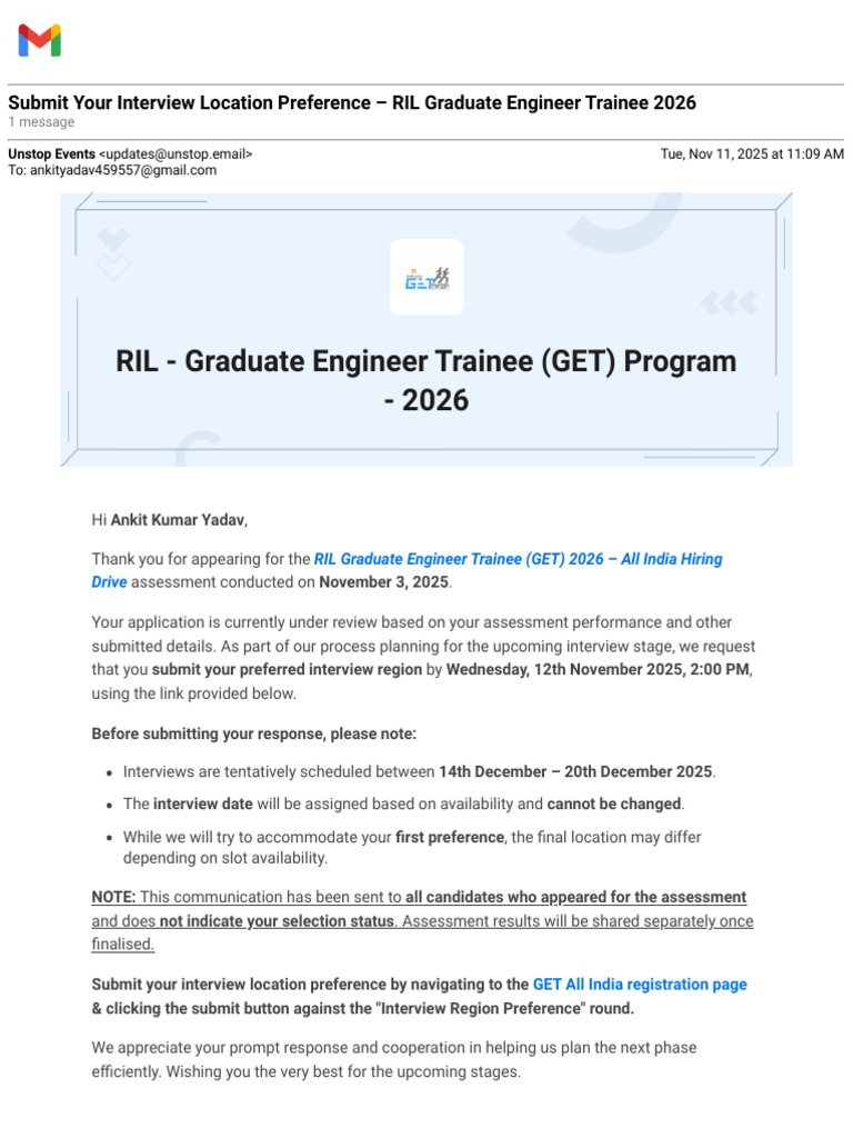 Gmail - Submit Your Interview Location Preference - RIL Graduate ...