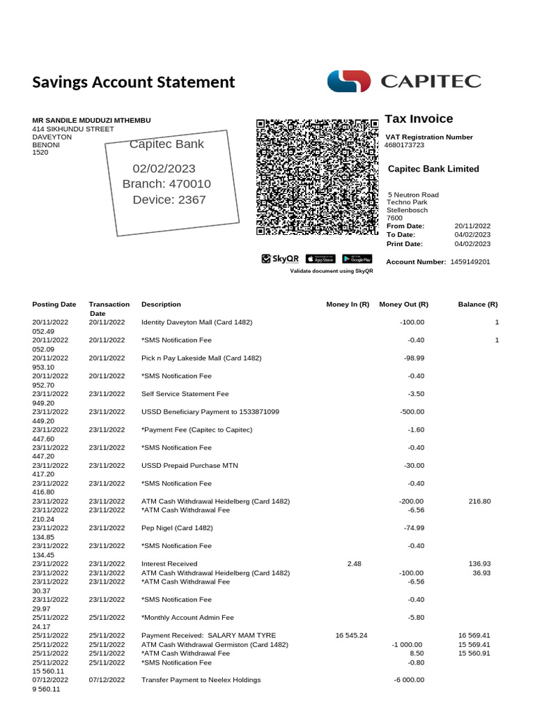 Capitec Bank Savings Statement | PDF | Fee | Cash