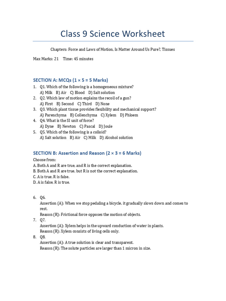 Class 9 Science Worksheet on Motion & Matter | PDF