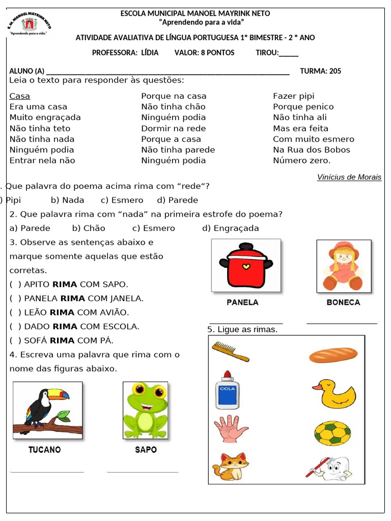 Atividade de Língua Portuguesa 2º Ano | PDF