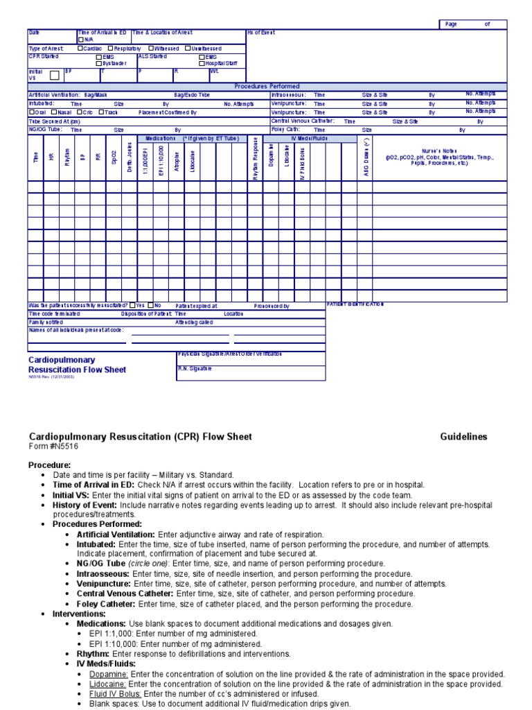 CPR CODE Flow Sheet | PDF | Cardiopulmonary Resuscitation | Intravenous ...