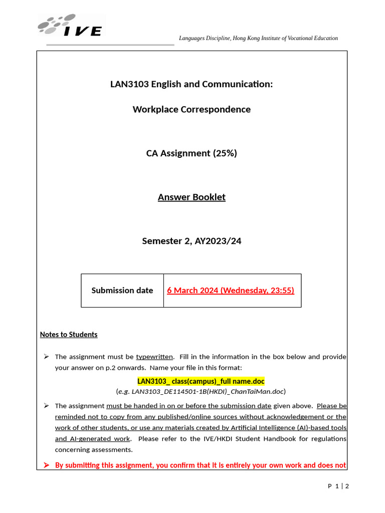 LAN3103 Workplace Correspondence Assignment | PDF