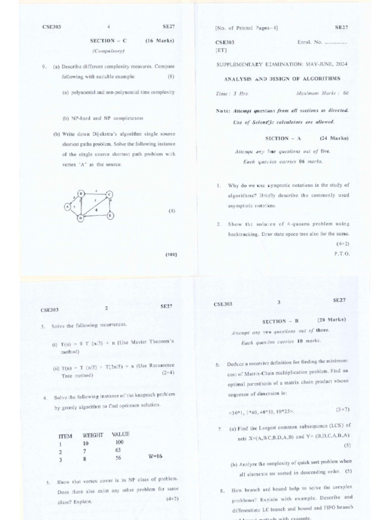 Analysis and Design of Algorithms, CSE303 (ET), May-June 2024 | PDF