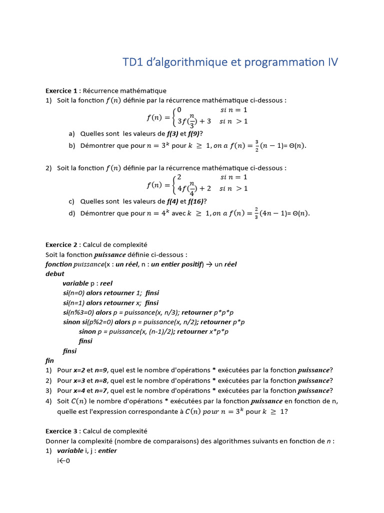 Exercices d'algorithmique et complexité | PDF | Mathématiques ...