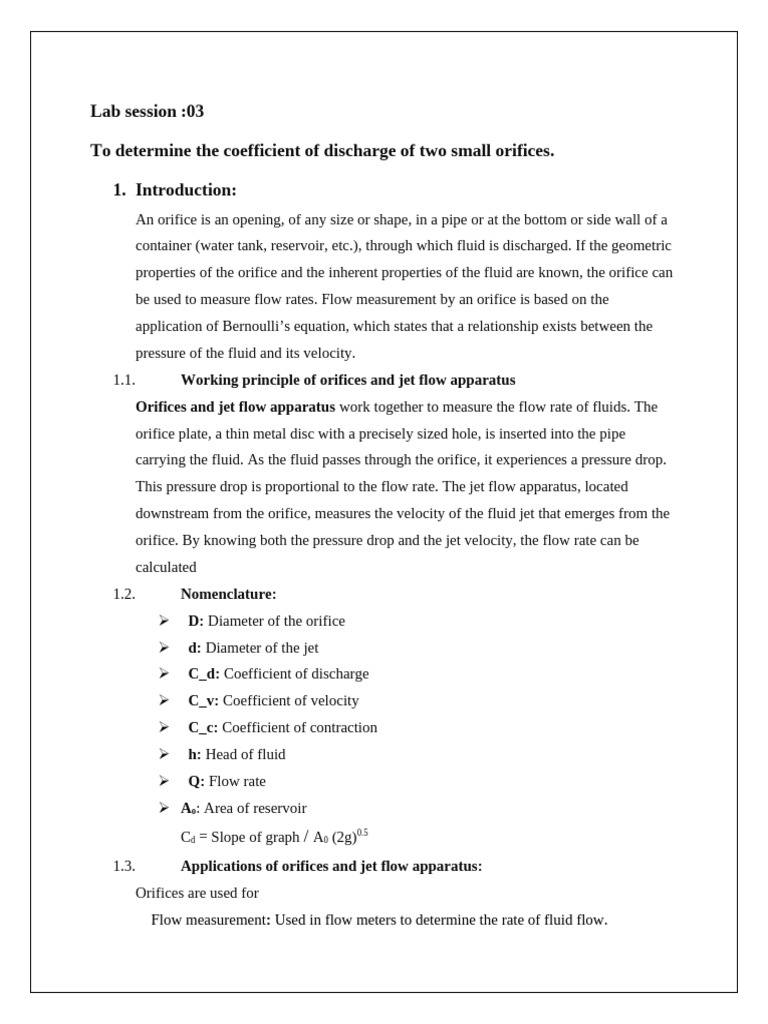 Coefficient of Discharge in Orifices | PDF | Flow Measurement | Fluid ...