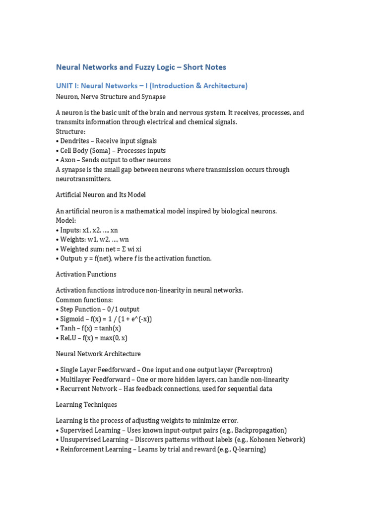 Neural Networks and Fuzzy Logic Notes | PDF | Neuron | Nervous System