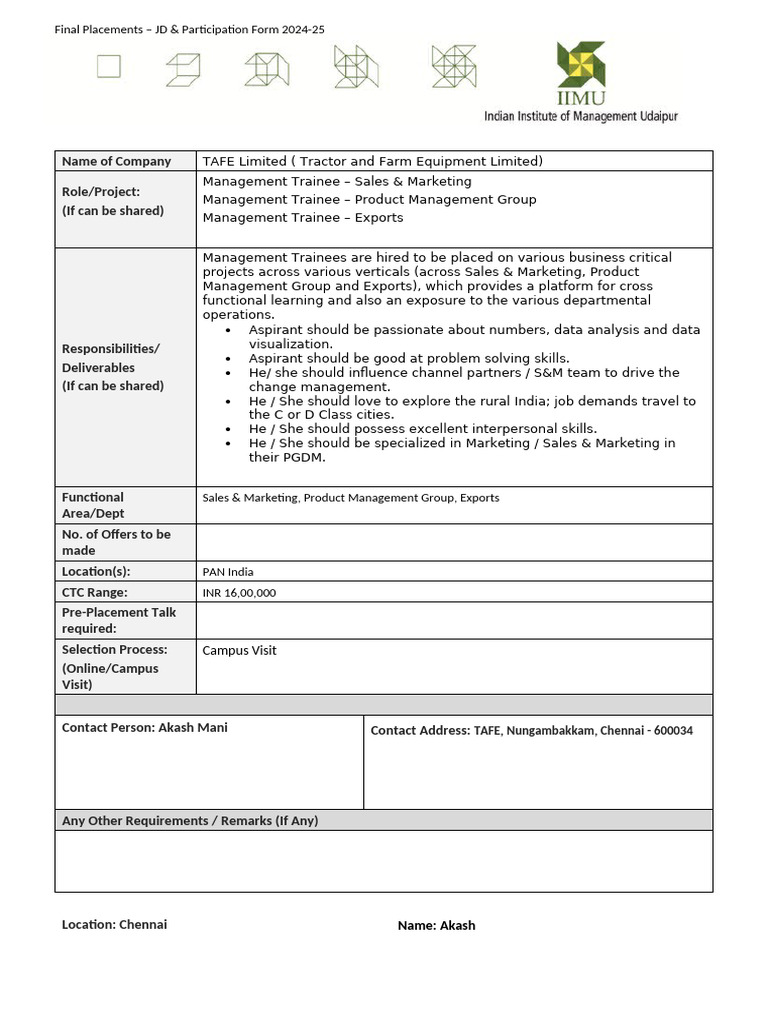 Finals - IIMU - JD & Participation Form | PDF