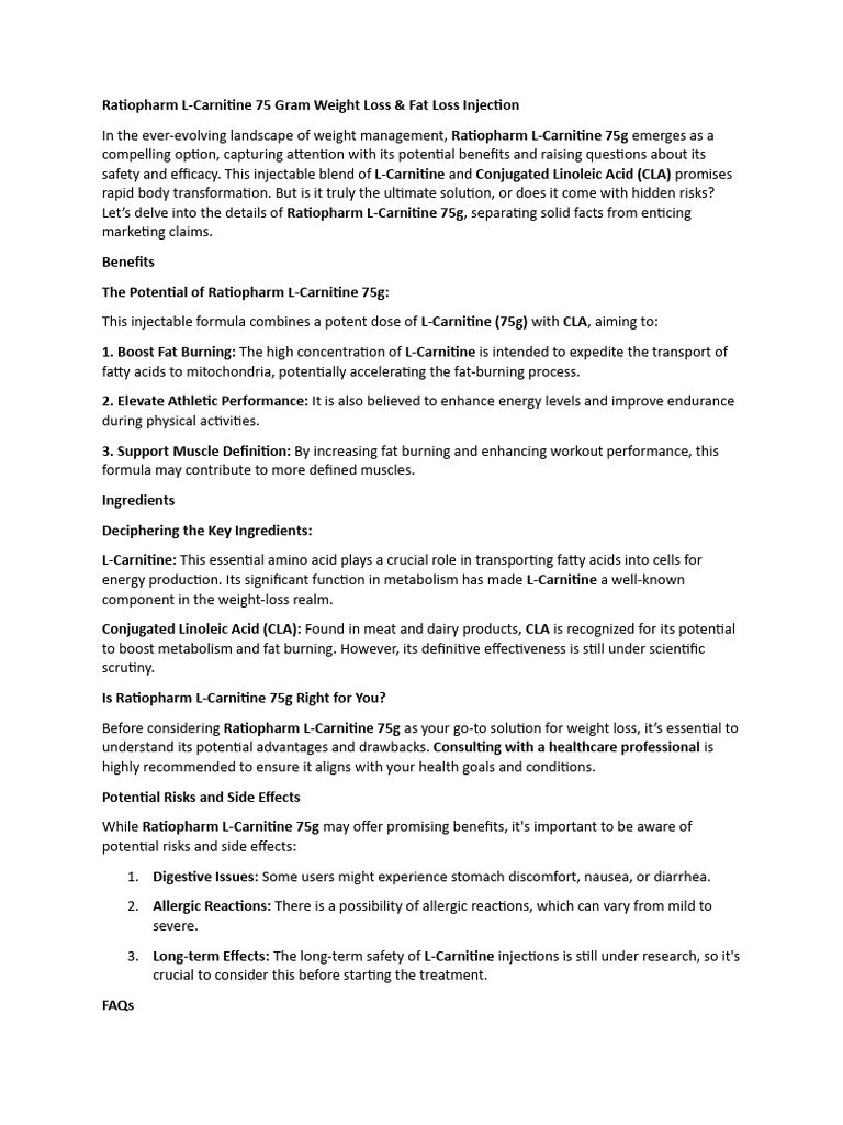 l-carnitine injection side effects Ratiopharm L-Carnitine 75g Review