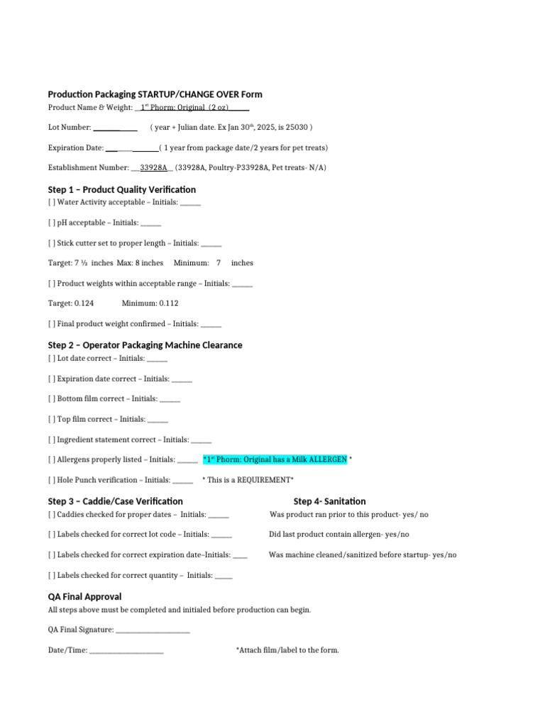 1st Phorm - Original - Change Over Form | PDF