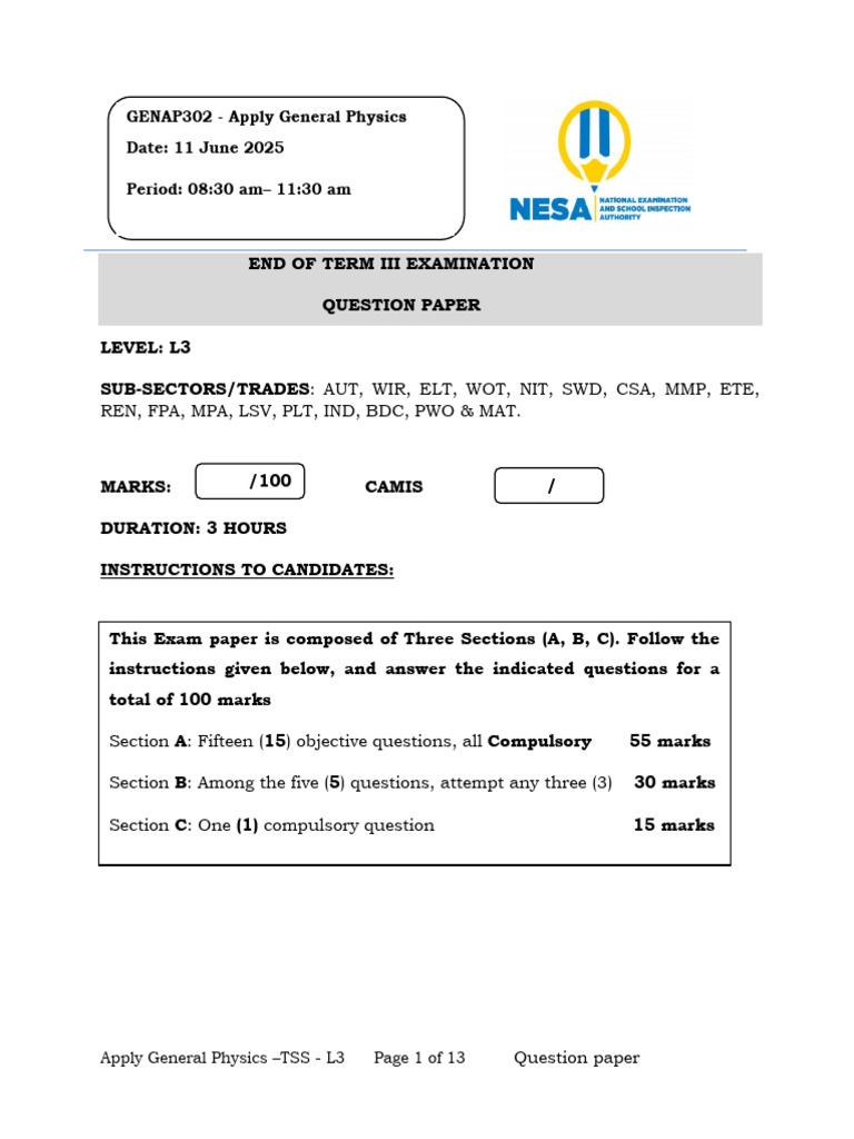 General Physics Exam Questions L3 | PDF | Acceleration | Velocity