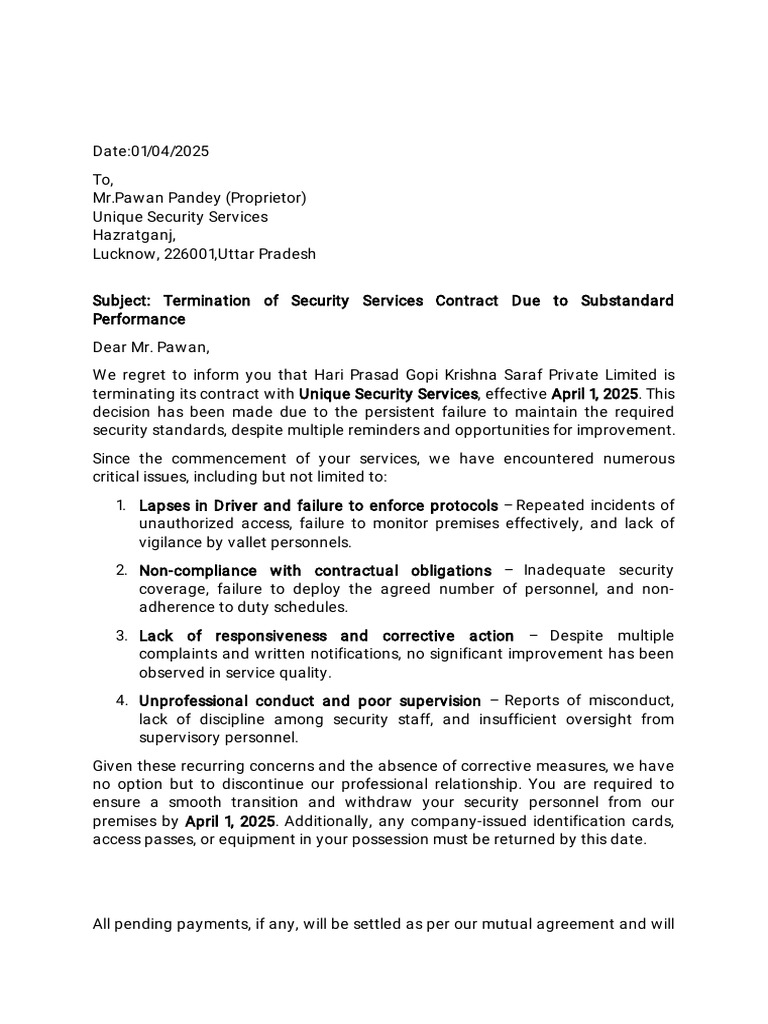 Termination of Security Contract Notice | PDF