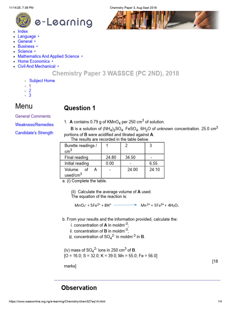 Chemistry Paper 3, Aug-Sept 2018 Q1 | PDF | Chemistry | Titration
