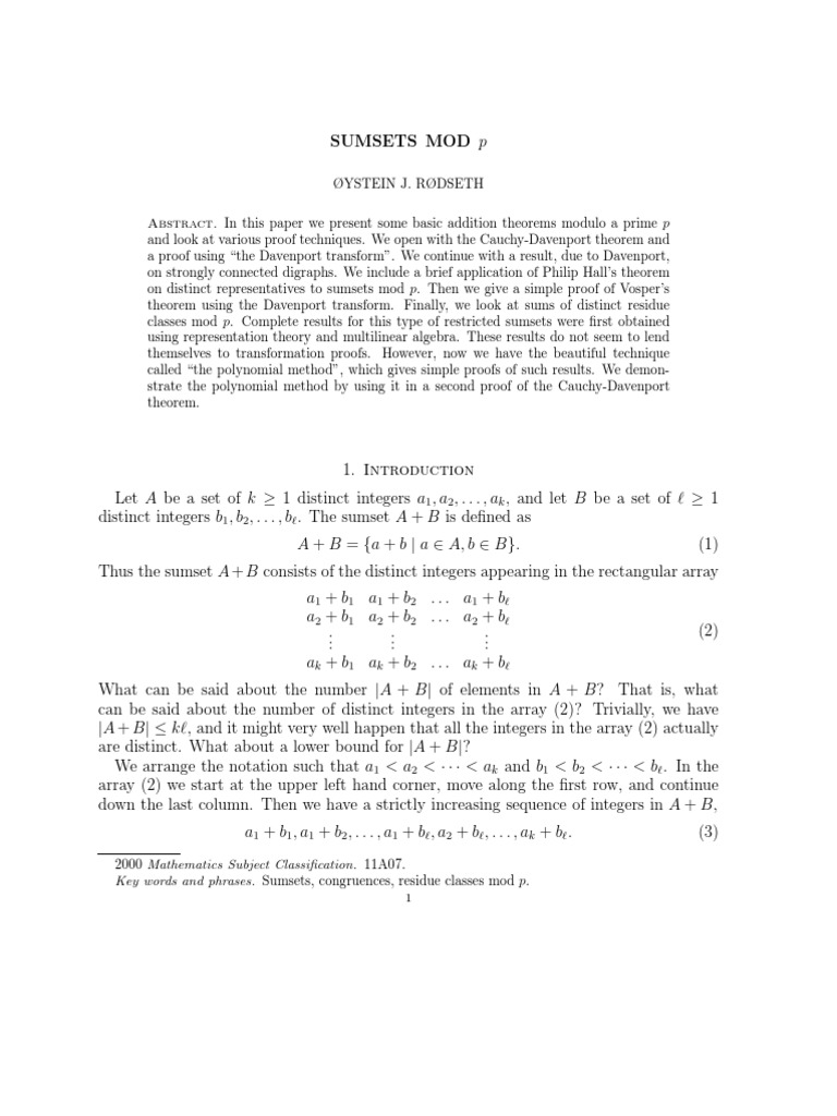 Addition Theorems Modulo Prime p | PDF | Mathematical Proof | Array ...
