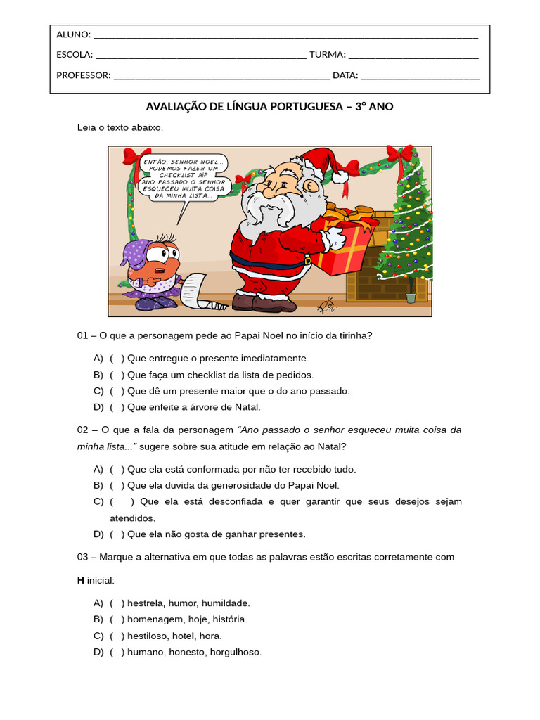 Avaliação de Português 3º Ano | PDF | Natal | Famílias linguísticas