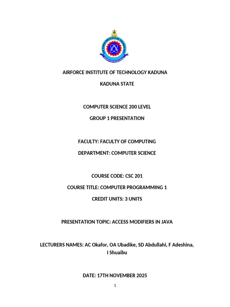 CSC 201_JAVA ACCESS MODIFIERS_GROUP 1_COMPUTER SCIENCE DEPT | PDF ...