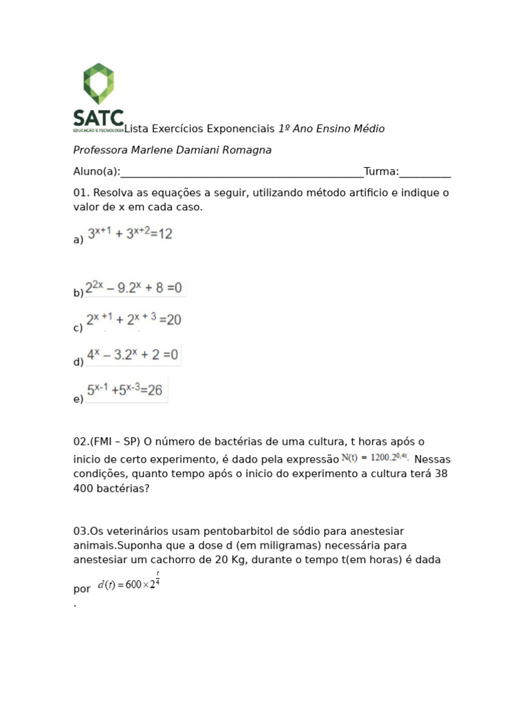 Exercícios de Exponenciais para 1º Ano | PDF