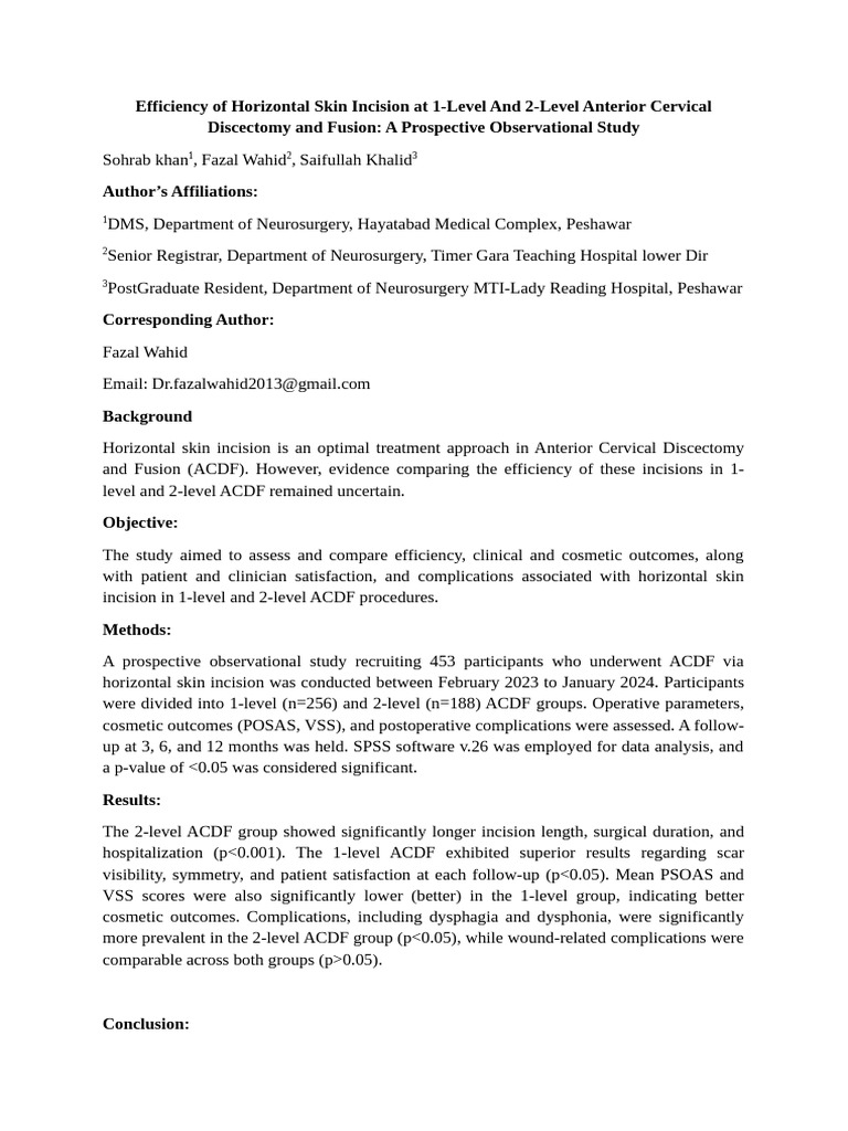 Efficiency of Horizontal Incision in ACDF | PDF | Wound | Medical ...