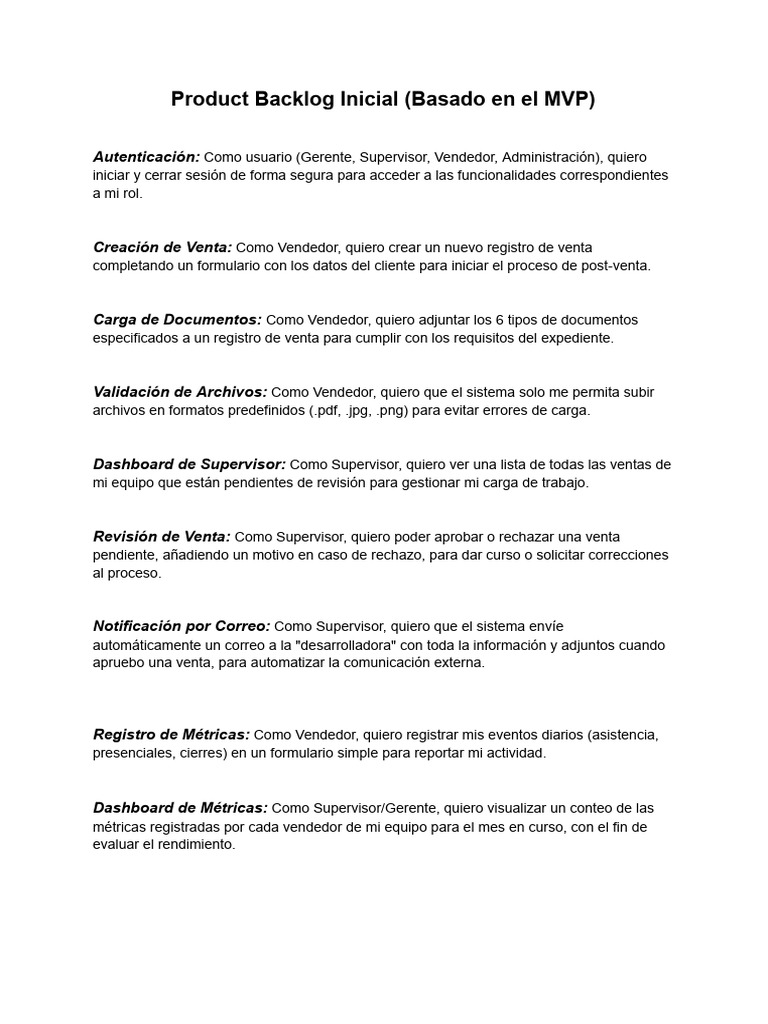 Product Backlog Inicial (Basado en El MVP) | PDF