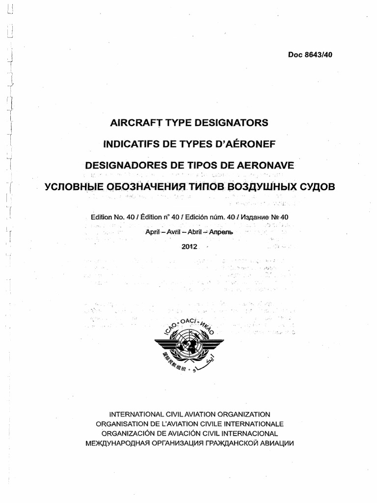 Icao Doc 8643 Aircraft Type Designators 40 Ed Apr 2012 PDF PDF Free | PDF