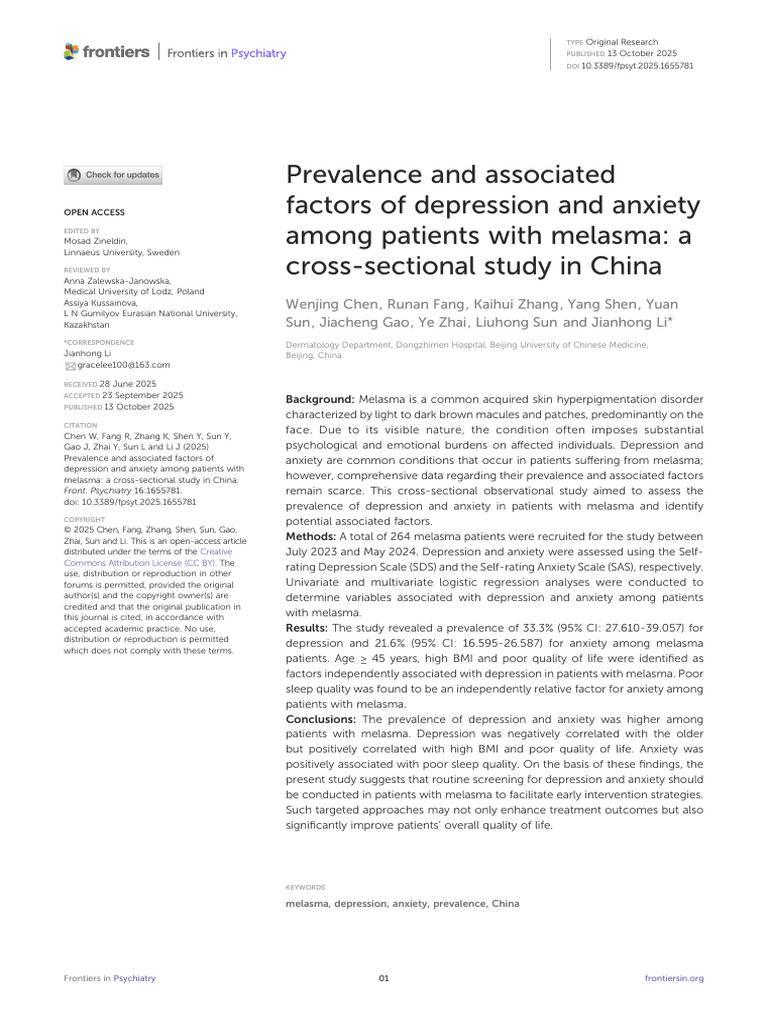 Depression and Anxiety in Melasma Patients | PDF | Mental Disorder ...