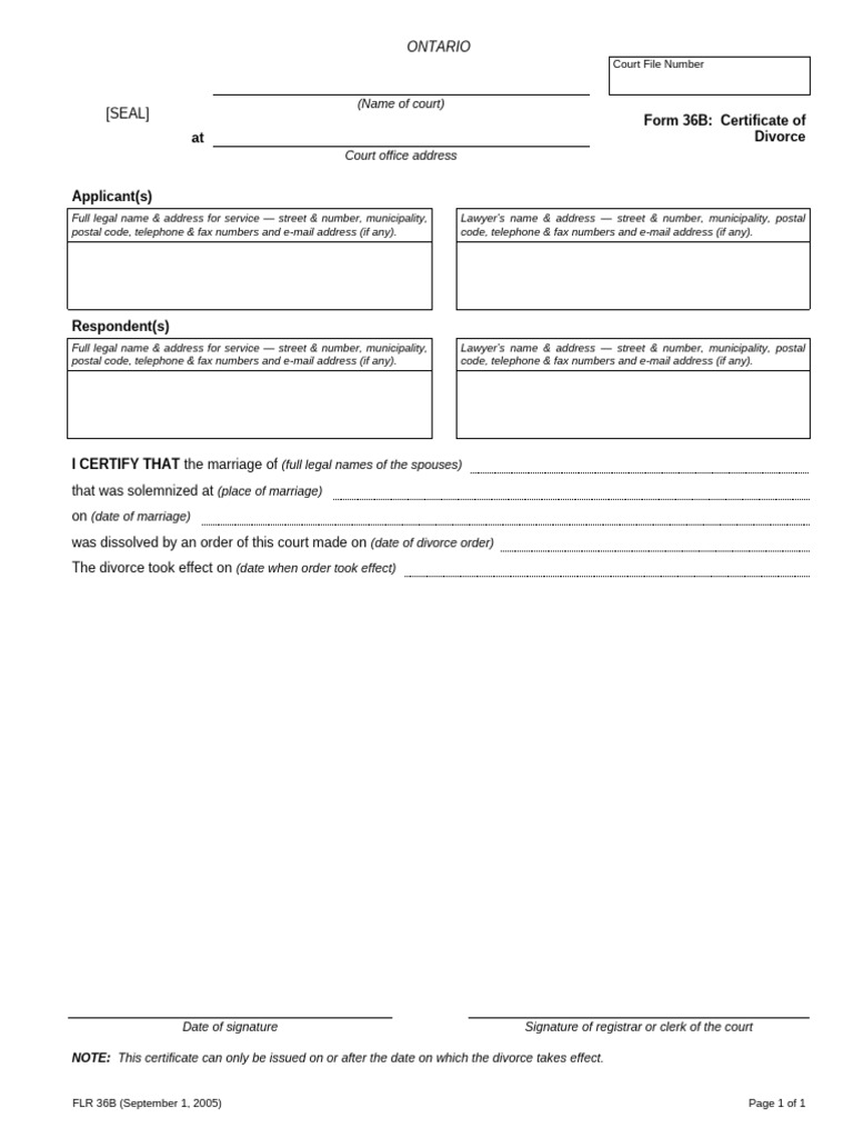 Ontario Divorce Certificate Form 36B | PDF
