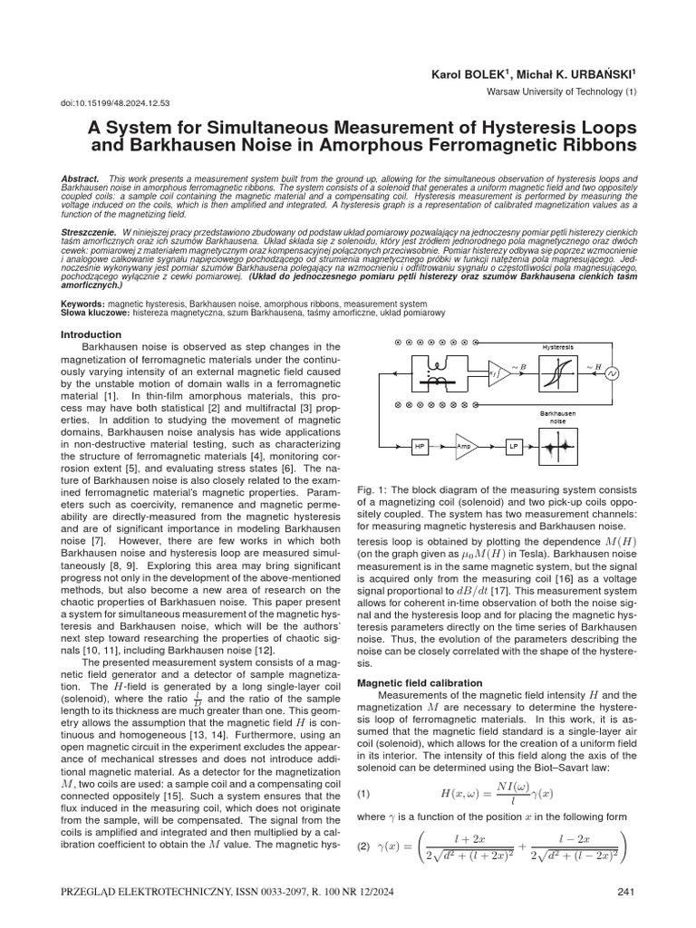 Simultaneous Hysteresis and Barkhausen Measurement System | PDF ...