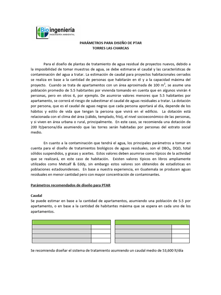 Parámetros Diseño PTAR Guatemala | PDF | Aguas residuales | Agua