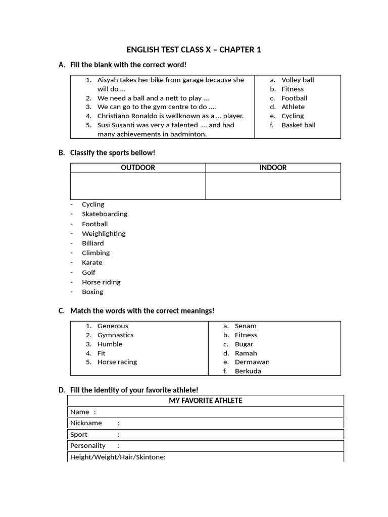 English Test Class X: Sports Vocabulary | PDF