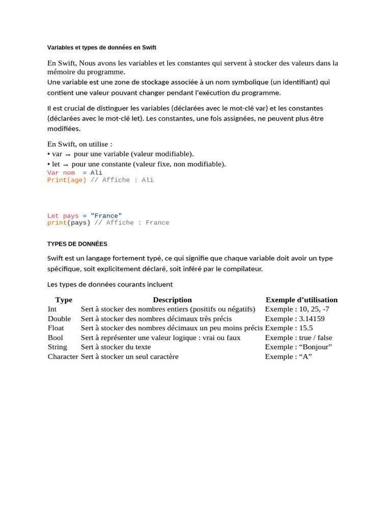Variables et types de données en Swift | PDF