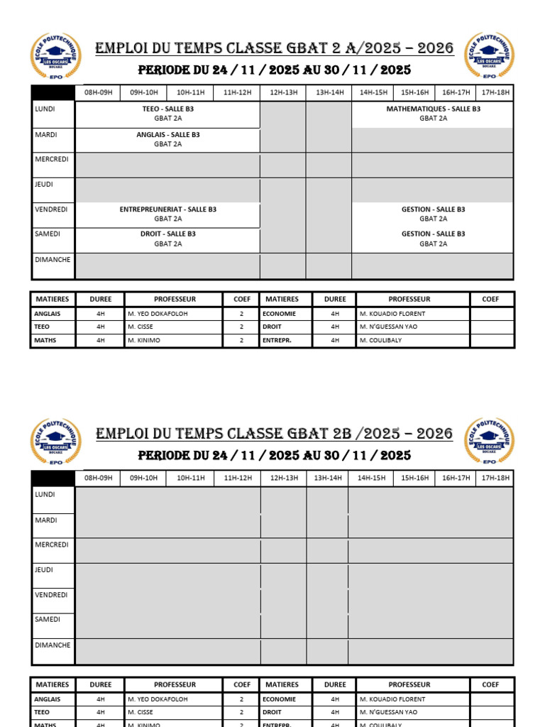 Emploi du temps classes 2025-2026 | PDF