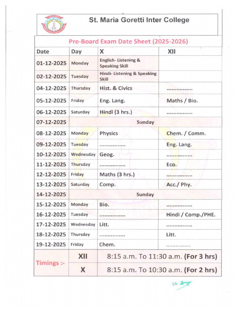 Class X & XII Pre Board Date Sheet With Rules | PDF