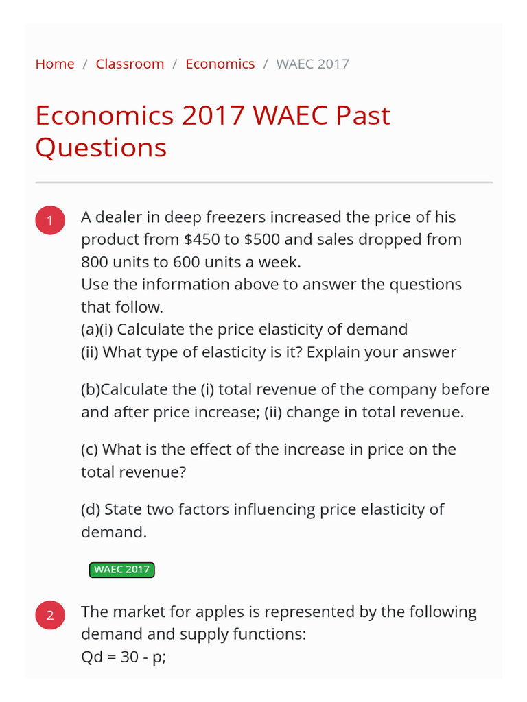 WAEC 2017 Economics Past Questions | PDF | Demand | Supply (Economics)