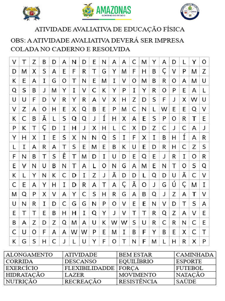 Atividade Avaliativa - Caça Palavras - Tema - Atividade Física ...