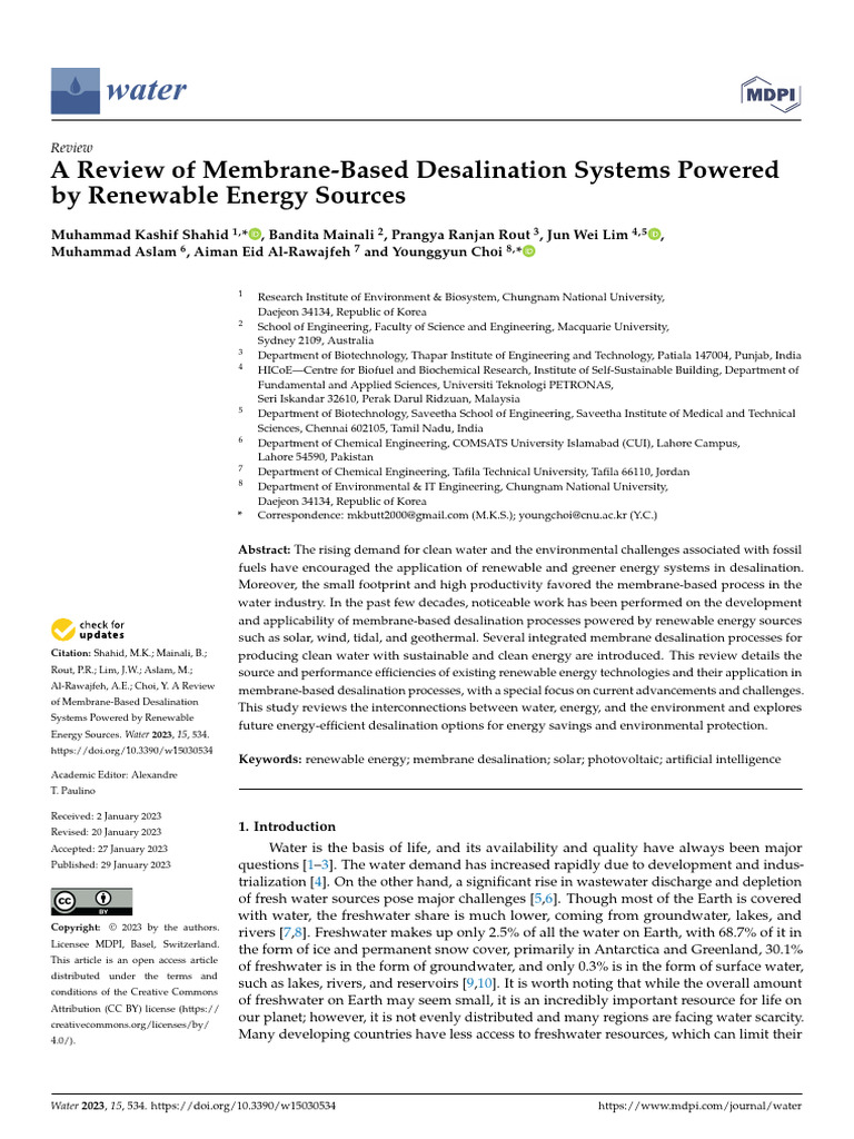 Renewable Energy in Membrane Desalination | PDF | Desalination | Wind Power
