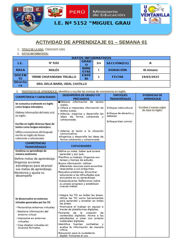 Reglas de Aula en Inglés para 1ro A | PDF | Maestros | Aprendizaje