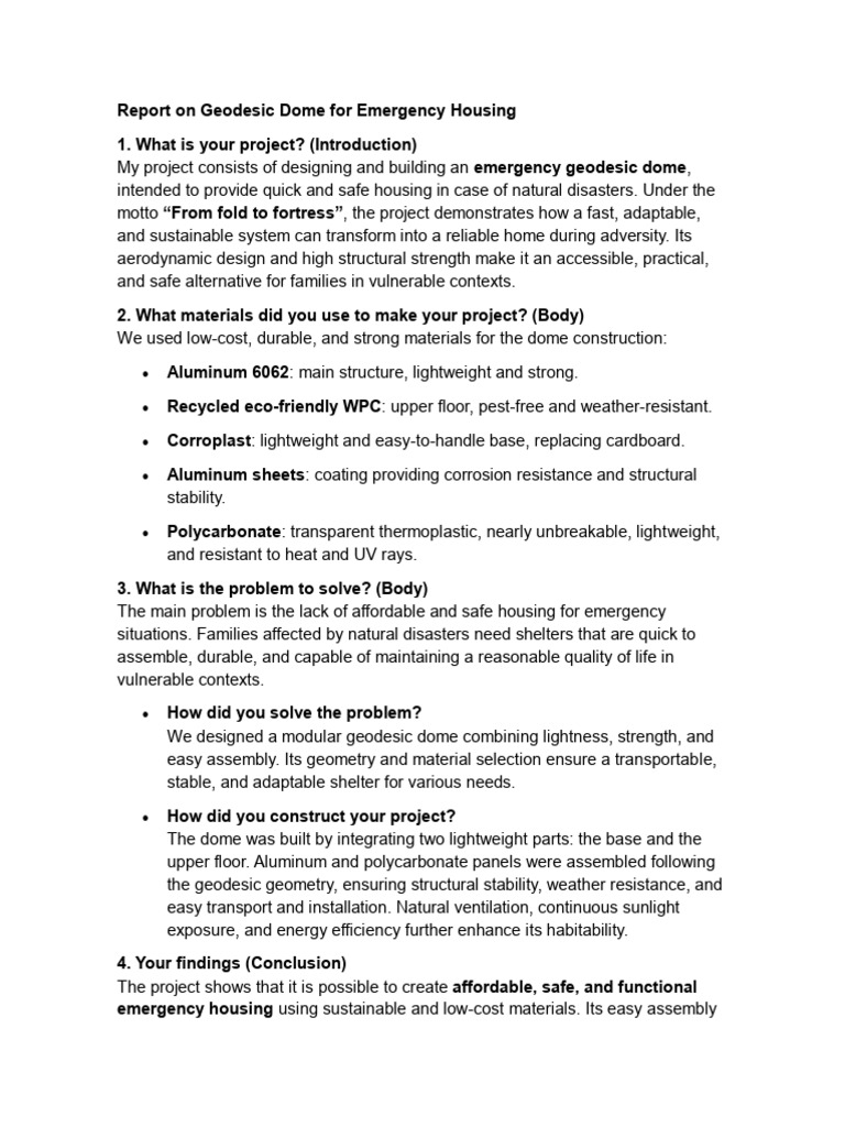 Report On Geodesic Dome For Emergency Housing | PDF | Materials