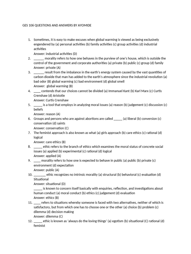 Ges 106 Questions and Answers by Ayomide | PDF | Utilitarianism | Morality